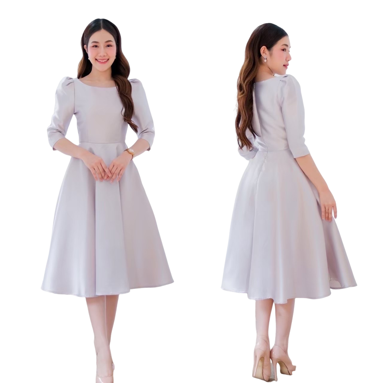 kudapy เดรสสั้นใส่ออกงานสีชมพู,สีเขียวเข้ม,สีดำ,สีน้ำเงินกรมท่า,สีเทาเงิน ทรงยกไหล่พอง แขนสาม ดีเทลจับจีบหัวไหล่