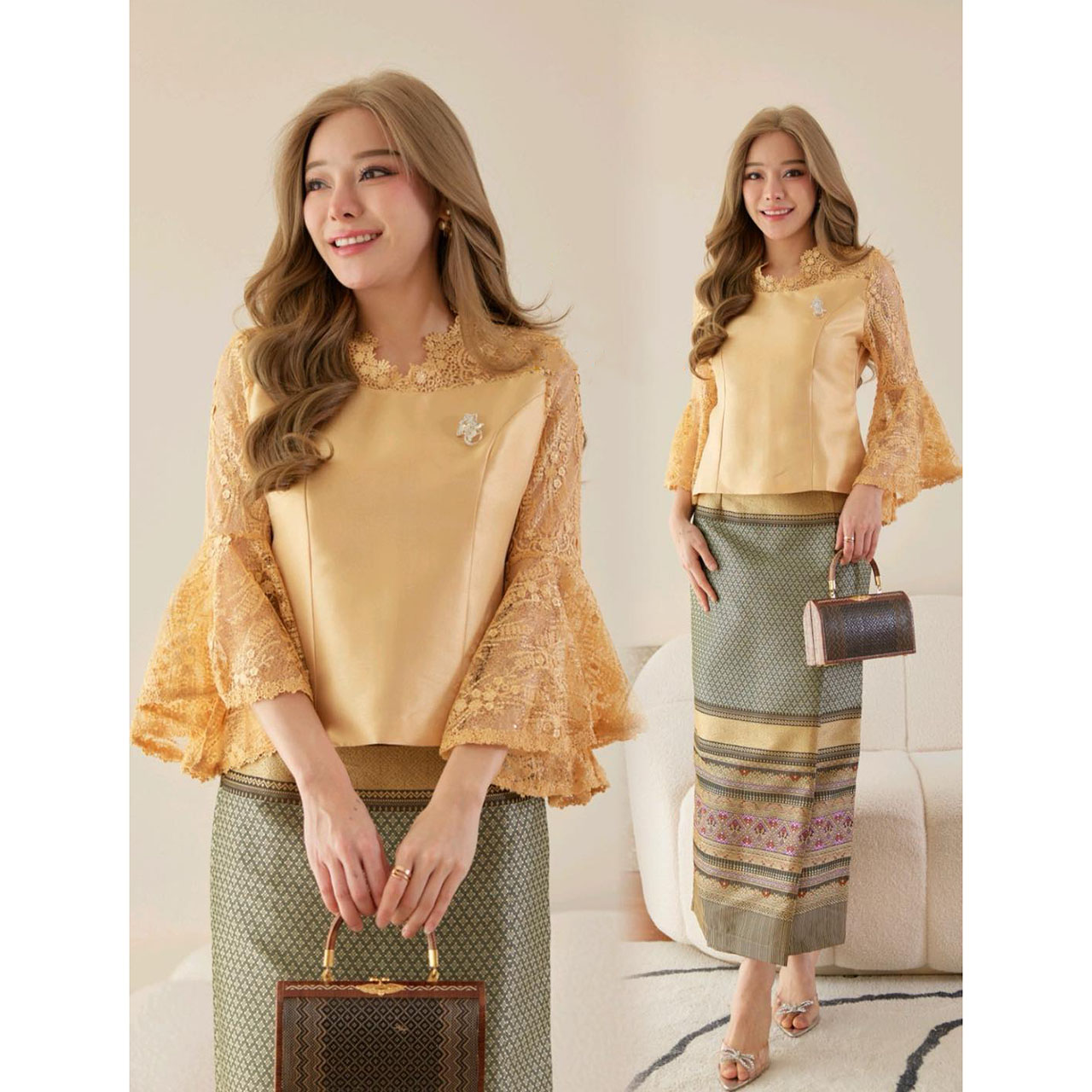 kudapy เสื้อไหมญี่ปุ่นสุดพรีเมี่ยมงานปราณีตสีเหลืองทอง แต่งแขนระย้าด้วยผ้าลูกไม้ใยบวบเนื้อนิ่ม (เฉพาะเสื้อ)