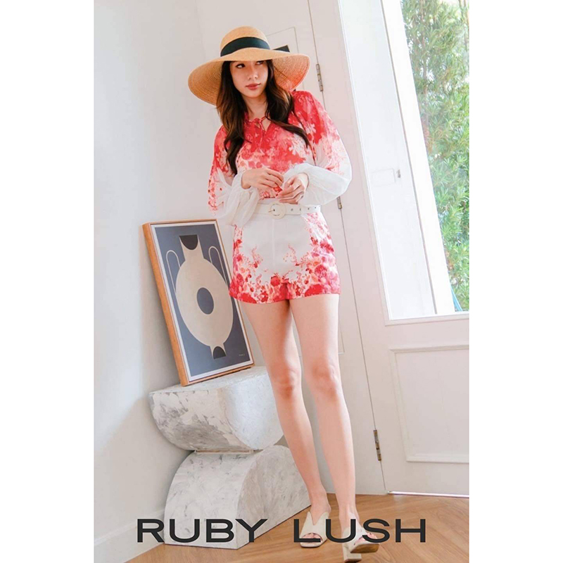 kudapy set Bohimain ชีฟองสวยๆ เสื้อ+กางเกง ลายสีแดง กางเกงมีกระเป๋า เรียบหรูไฮโซ