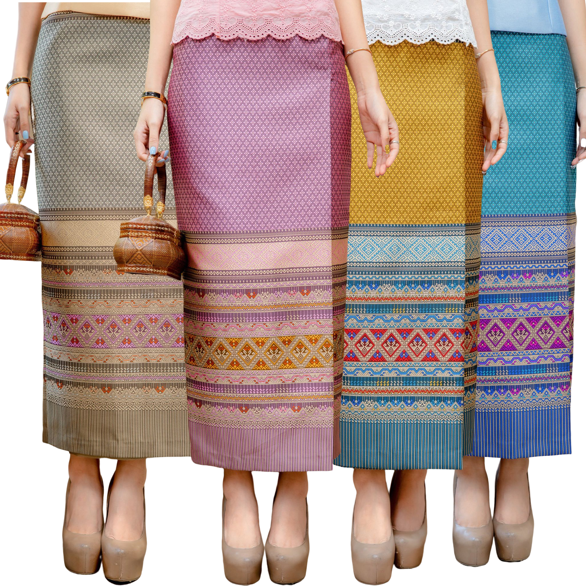 kudapy ผ้าถุงทอลายผ้าไหมอัดกาวทั้งผืน สีฟ้าน้ำเงิน,สีเหลืองเขียว,สีชมพู,สีทองกากี ผ้าซิ่นตีนจกยกดอกพิกุล เชิงหงส์หลวงทรงสวยมาก