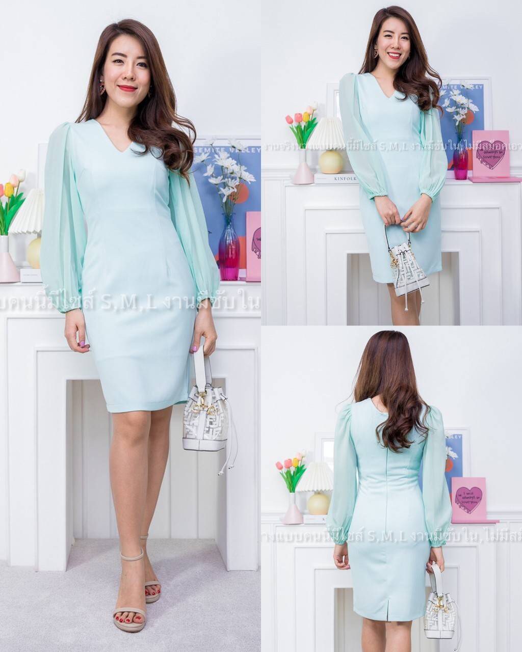 kudapy เดรสสั้นใส่ออกงาน คอวีแขนยาวชีฟอง ผ้าฮานาโกะ สีชมพู, กรมท่า, เขียวมิ้นท์, น้ำตาล ,แดงเลือดหมู