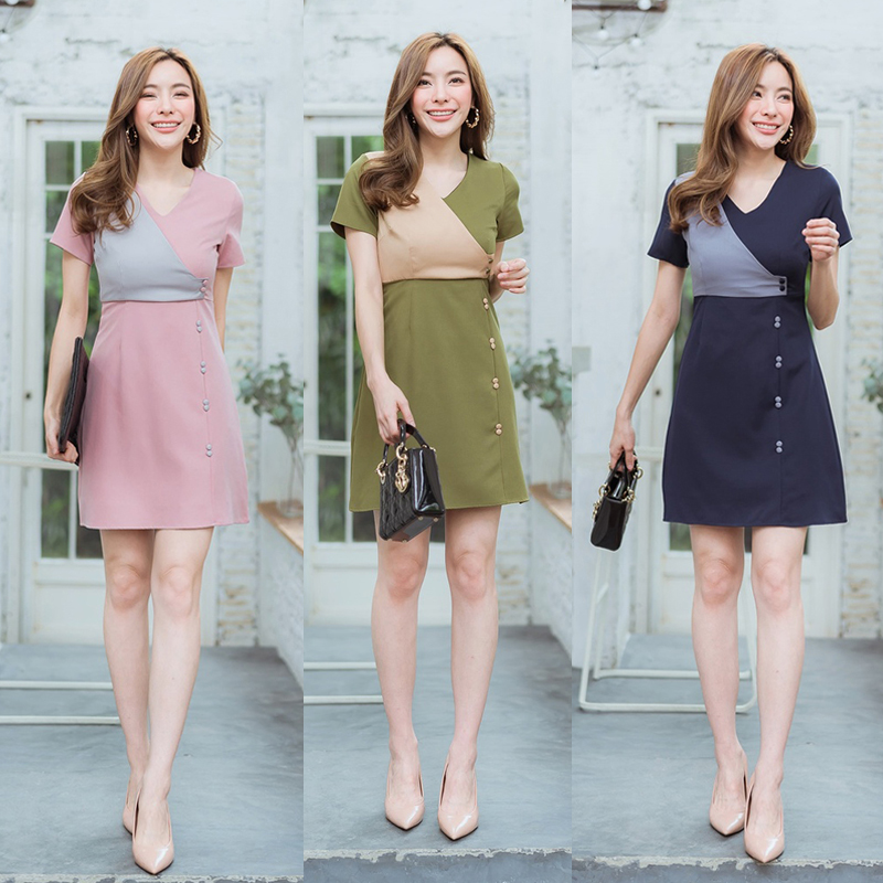 kudapy เดรสสั้นสีชมพู,เขียว,กรม ใส่ทำงานแต่งกระดุมคู่ทูโทนสวยน่ารัก