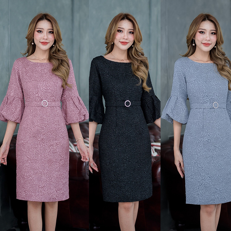 kudapy เดรสสั้นสีชมพูกะปิ/สีฟ้าเทา/สีดำ ทรงแขนยาวบอลลูน ปลายแขนดีไซน์เป็นพุ่มช่วงปลายแขนดูสวยหรูมาก
