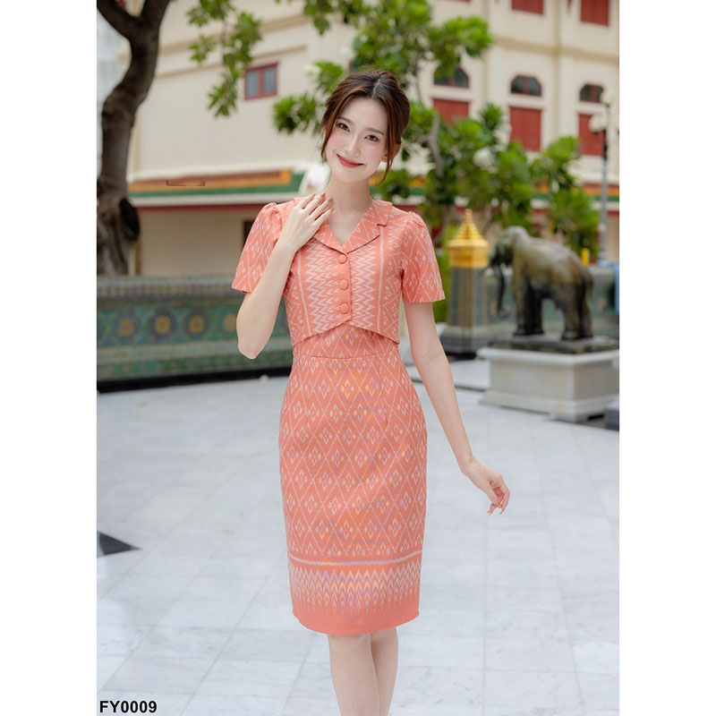 kudapy เดรสสั้นสีฟ้า/สีโอรส ผ้าทอแต่งปกเทเลอร์ ลายผ้าไทย ใส่ออกงาน ใส่ทำงานสวยดูดี