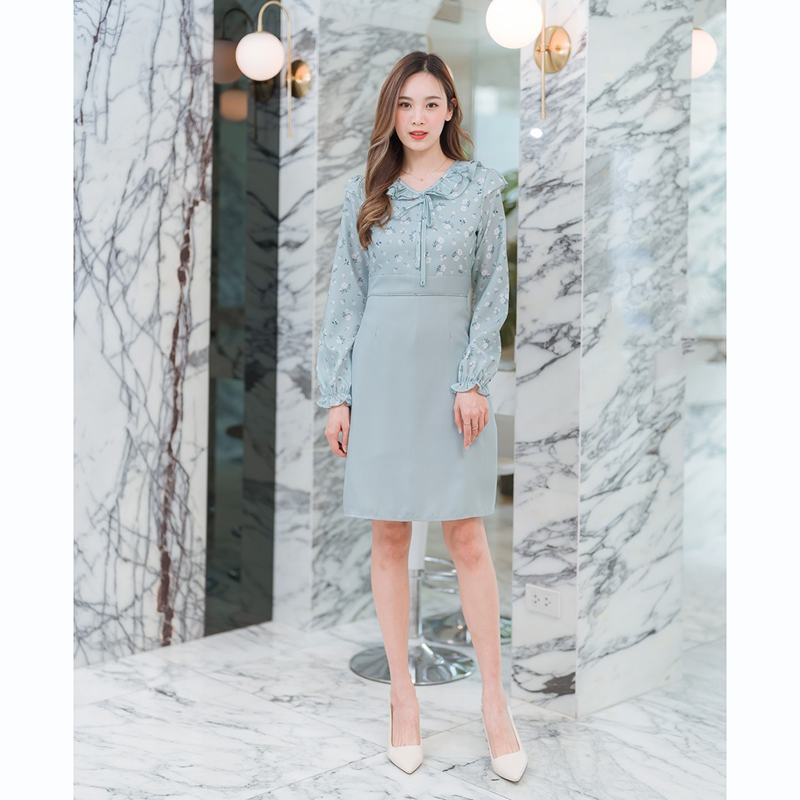 kudapy เดรสสั้นคอกลมสีฟ้า/สีชมพู/สีเขียว ใส่ทำงานแขนยาวคอระบายผูกโบว์กลางอก