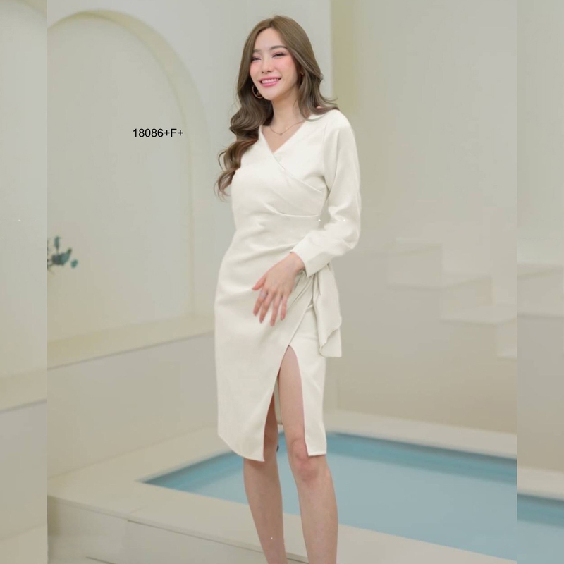 kudapy เดรสแขนยาวสีพื้น แต่งจีบ ผ่าหน้า ชุดออกงาน ชุดเพื่อนเจ้าสาว เดรสงานแต่ง ใส่ไปเที่ยวสวยดูดี