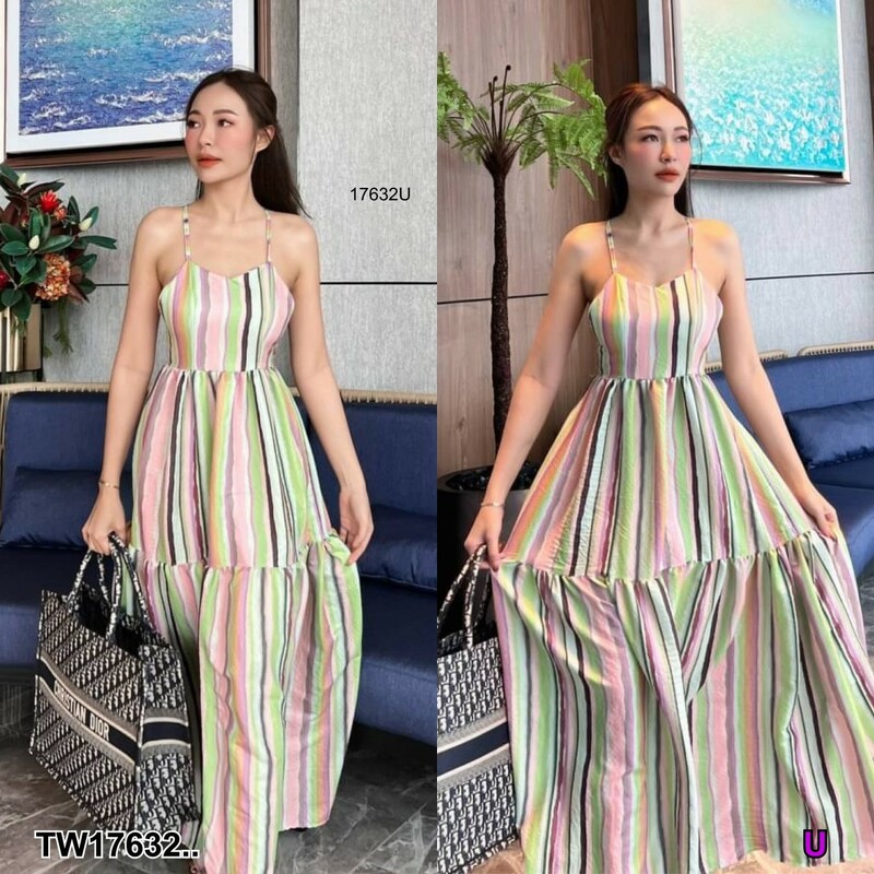 kudapy แม็กซี่เดรสยาวลายทาง สายเดี่ยวสานหลัง ยางยืดเอว แต่งระบายชั้น ผ้านูนลายริ้ว