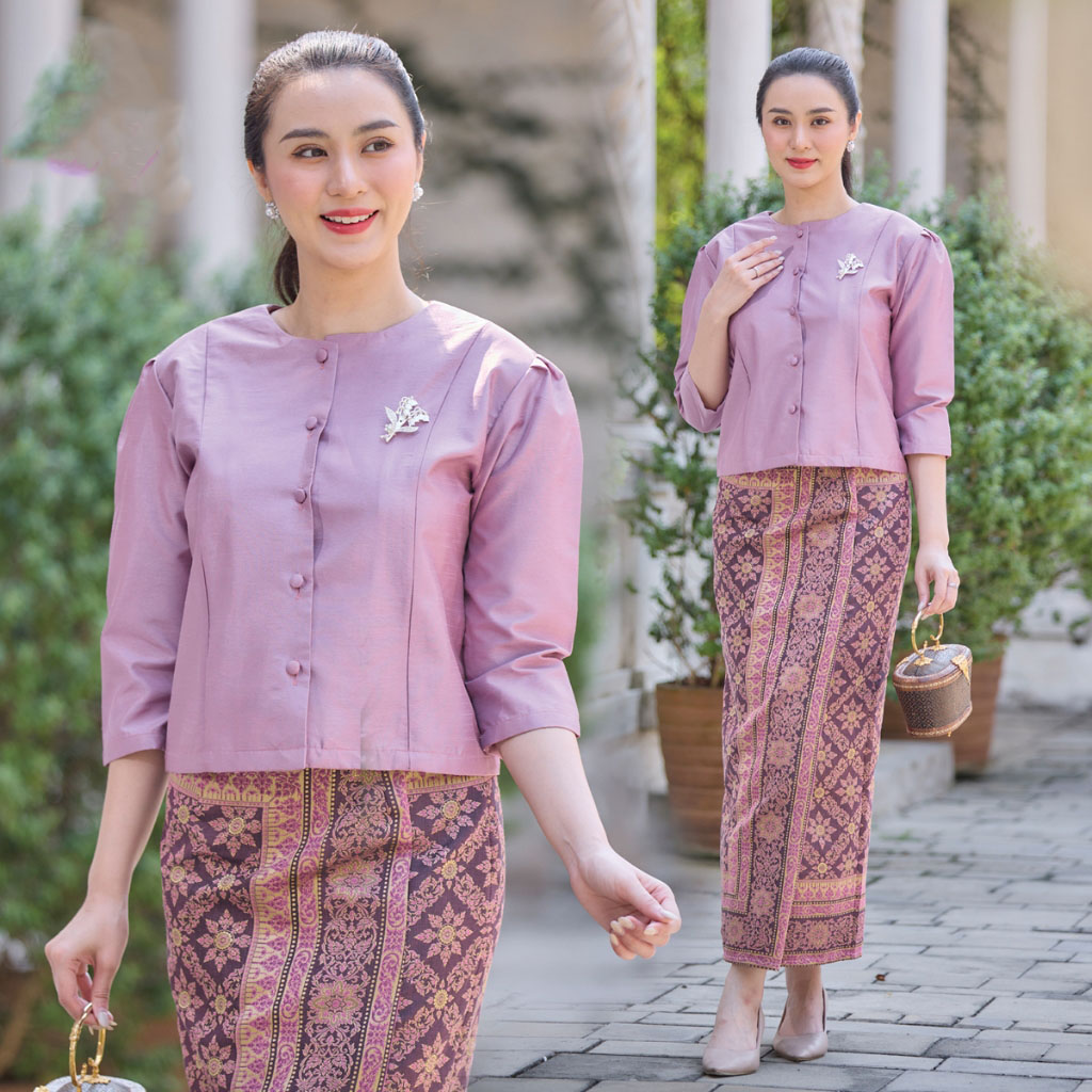 kudapy ชุดเซ็ทผ้าไหม เสื้อผ้าไหมแพรทิพย์ (ชมพูกะปิ) ใส่ไปงานบุญงานวัดสวยดูดี