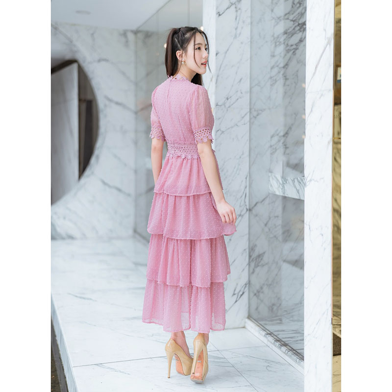 kudapy เดรสยาวสีชมพู กระโปรงยาวชั้นชีฟองจุด