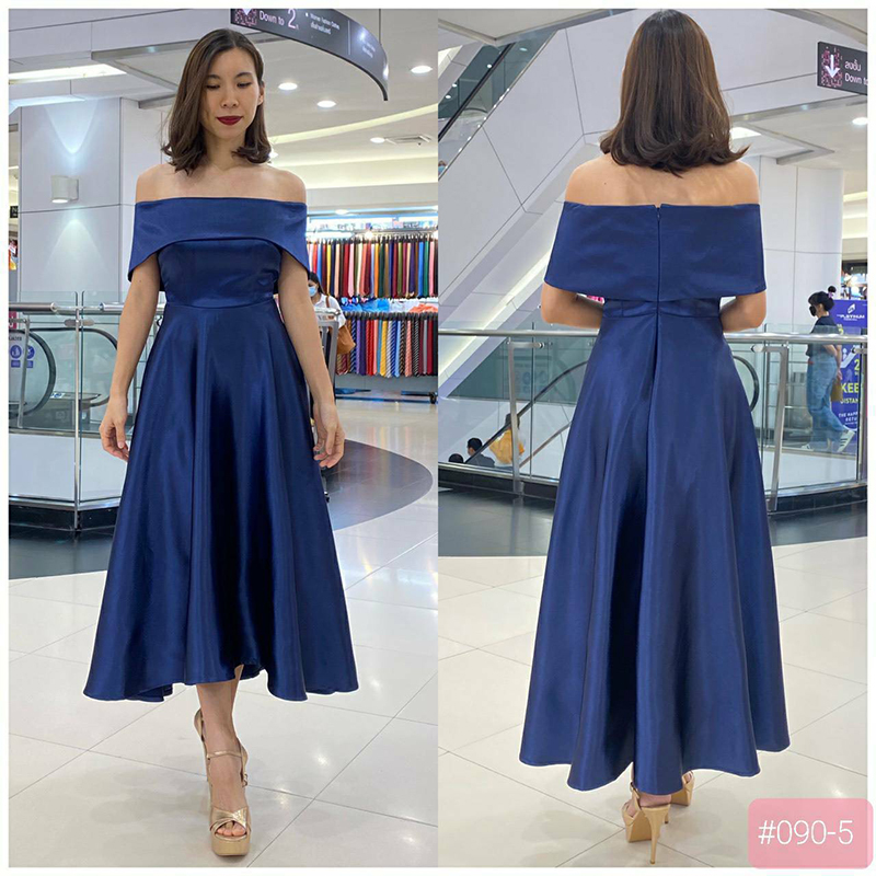 kudapy เดรสเปิดบ่า พับอก หน้าสั้นหลังยาวสีกรม แดงไวน์ ครีมทอง คอปเปอร์ อัดกาวเก็บทรงสวย สามารถยืดหยุ่นได้