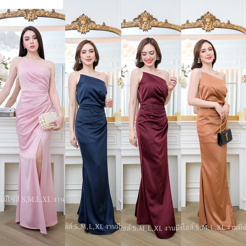 kudapy เดรสยาวสีกรม/สีน้ำตาลอิฐ/สีไวน์แดง/สีชมพูกรีบบัวชุดราตรีพรีเมี่ยมเกรด แต่งไหล่เดียวสายเพชร ใส่ออกงาน หรือยกตีมเพื่อนเจ้าสาว
