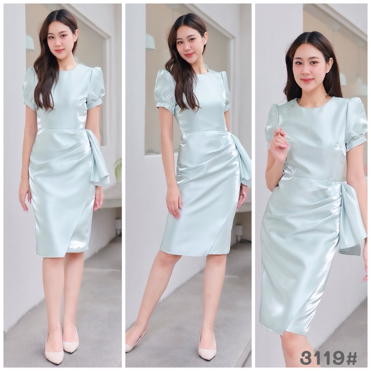 kudapy เดรสแขนตุ๊กตา คอกลม จีบระบายเอว กระโปรงสอบ ทรงดินสอ ผ่าหลังเดินสะดวก