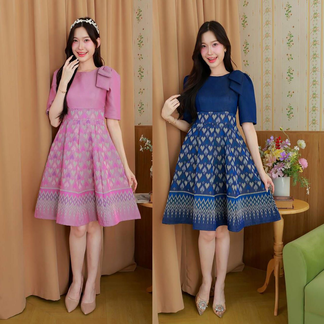 kudapy เดรสผ้าทอลายไทย แขนสามส่วน ติดโบว์บ่า งานอัดกาว กระโปรงทรงบาน ใส่ทำงาน