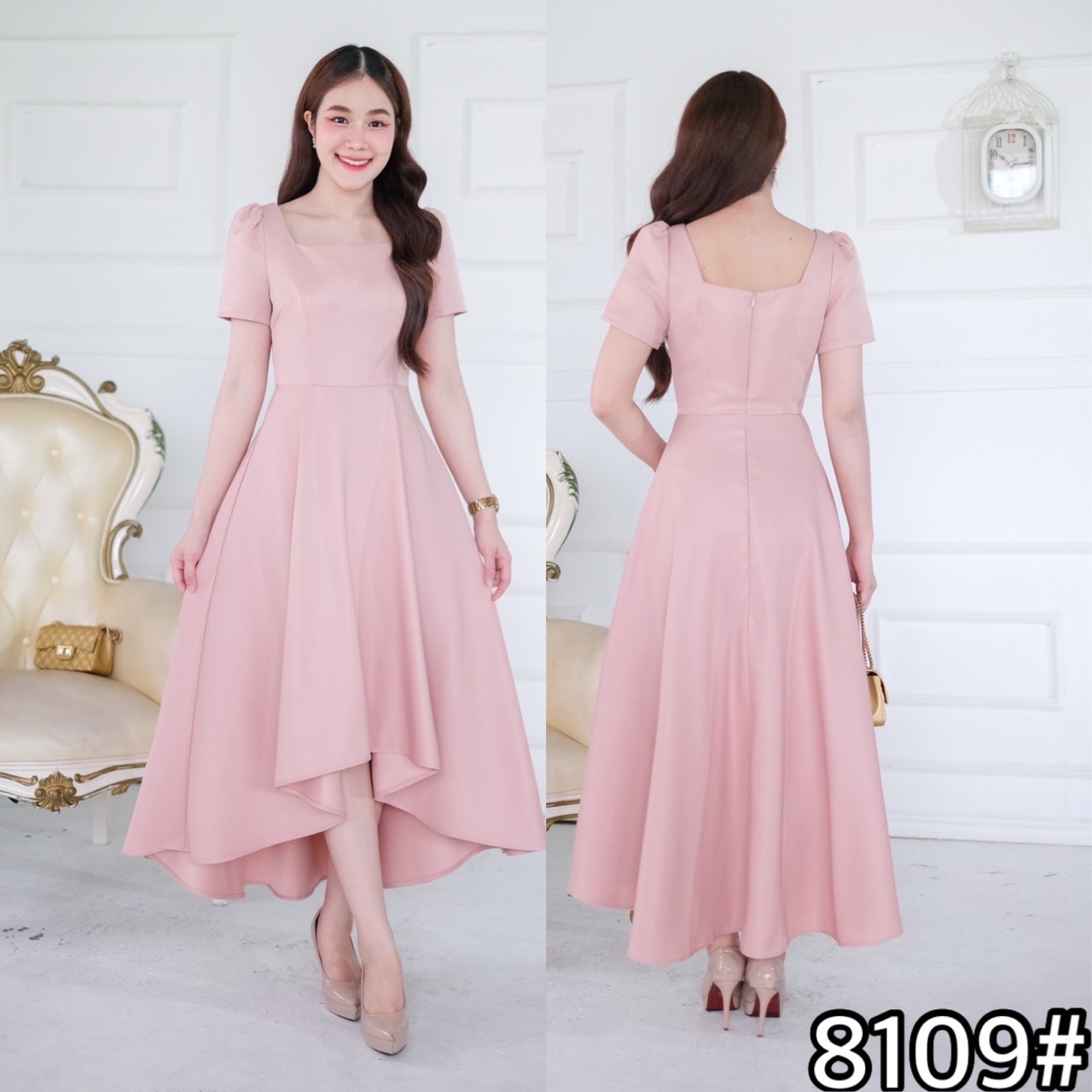 kudapy เดรสกระโปรงทรงหน้าสั้นหลังยาว/สีขาวงาช้าง/สีม่วง/สีชมพูพาสเทล/สีเทาอ่อน/สีชมพูกลีบบัว แขนสั้น คอเหลี่ยม คัตติ้งเริศแบบอลัง