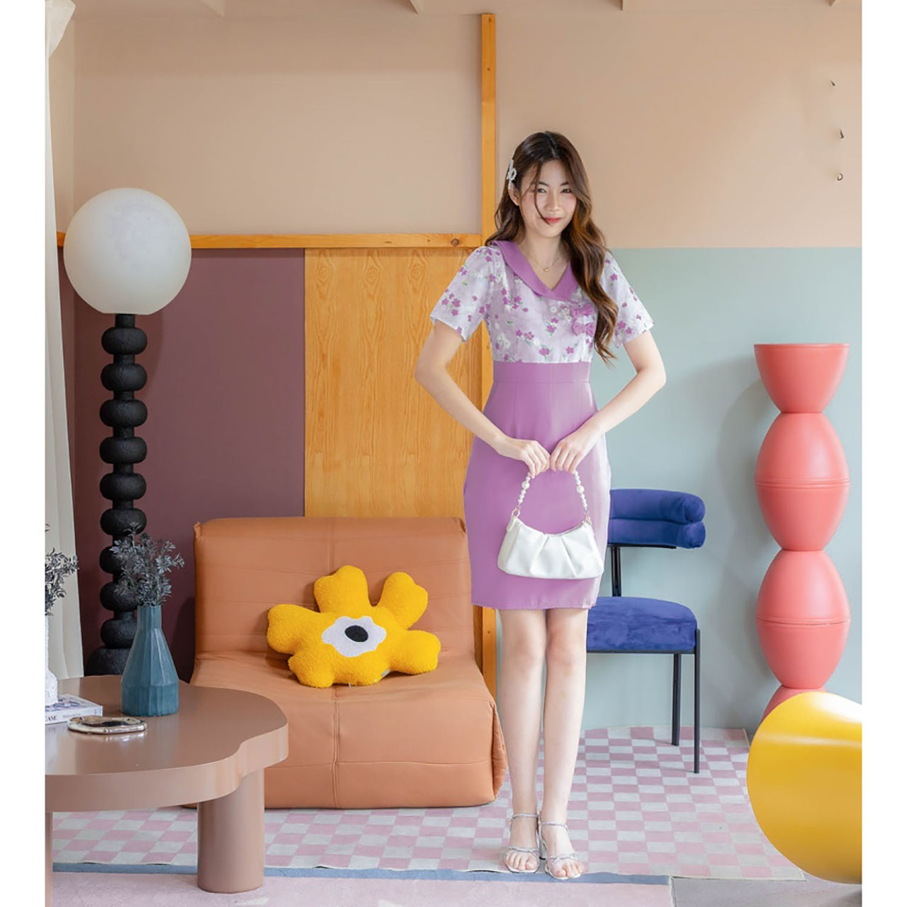 kudapy เดรสสีพื้นแต่งเสื้อลายดอกโบว์2ชิ้น