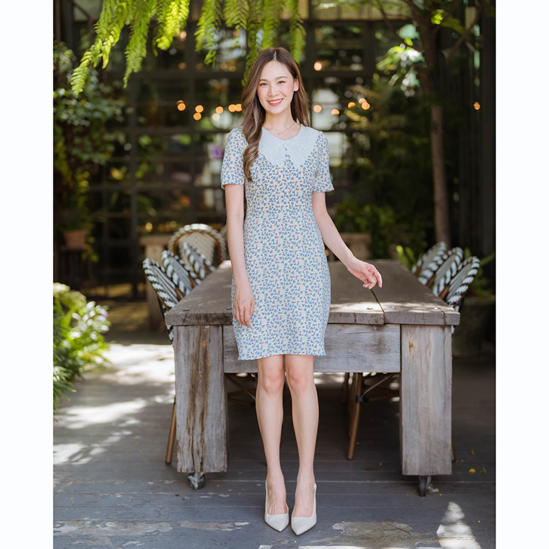 kudapy เดรสสั้นคอปกลูกไม้สีกรม/สีชมพู/สีเหลือง เดรสทำงานลายดอกปกลูกไม้