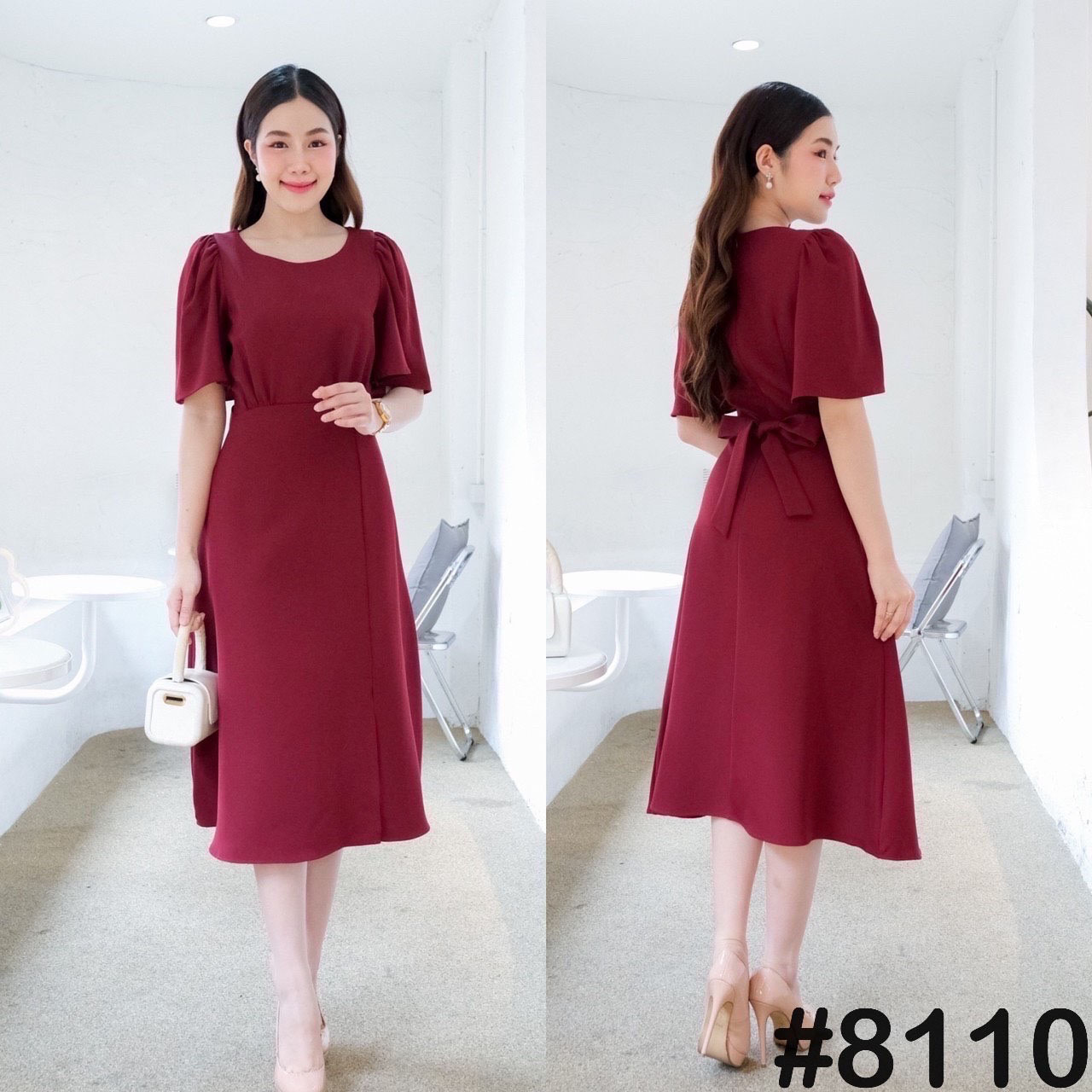 kudapy เดรสสั้นสีขาว,ชมพู,แดง,เขียวพิตาชิโอ้,ครีมนู้ด,ส้มโอรส คอกลม ไหล่จับจีบแขนทรงกระดิ่ง มีริบบิ้นเอวผูกโบว์หน้า/หลัง