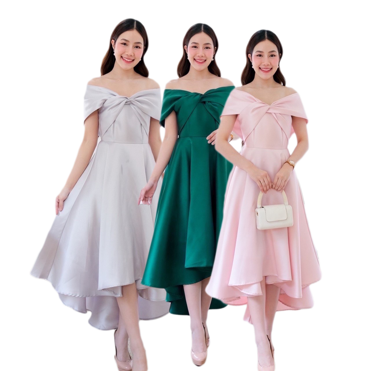 kudapy เดรสหน้าสั้นหลังยาวสีเขียว/สีเทา/สีโรสโกล เปิดบ่าTwist อกใหญ่ ปิดพรางซ้อนแขน กระโปรงทรงหน้าสั้นหลังยาว ทรงสวยเด่น