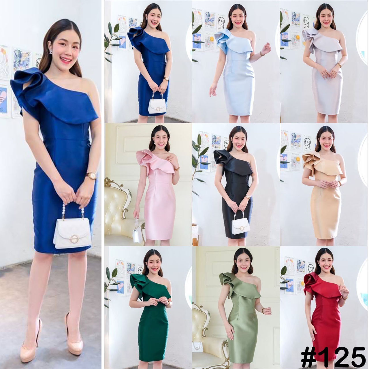 kudapy เดรสสั้นสีขียวอมเทา,ชมพู,ฟ้า,แดง,ทอง,เทา,กรม ,เขียว บ่าเดี่ยว จับเดรปแขน สองชั้น ระบายจีบช่วงอก