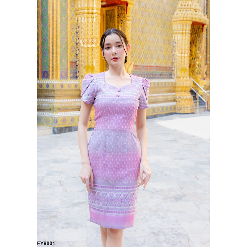 kudapy เดรสสั้นสีโอรส/สีชมพู/สีม่วง/สีฟ้า ผ้าทอแขนบัว เดรสผ้าไทยสวยดูดี ใส่ออกงาน