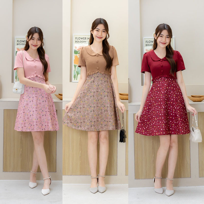 kudapy เดรสสั้นสีน้ำตาล/สีชมพู/สีแดง เสื้อสีพื้นแต่งชายเสื้อระบายกระดุม 3 ชิ้น