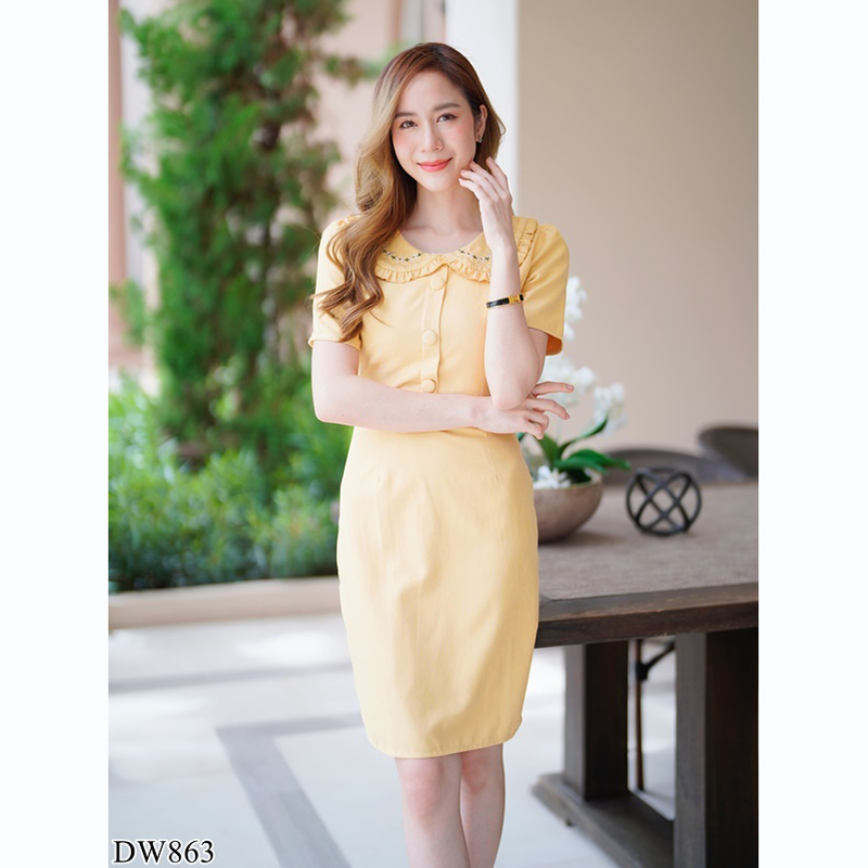 kudapy เดรสสั้นคอปกสีฟ้า/สีชมพู/สีเหลือง ใส่ทำงานผ้าลูกฟูกมีกระดุมกลางอกสวยดูดีคุณหนู