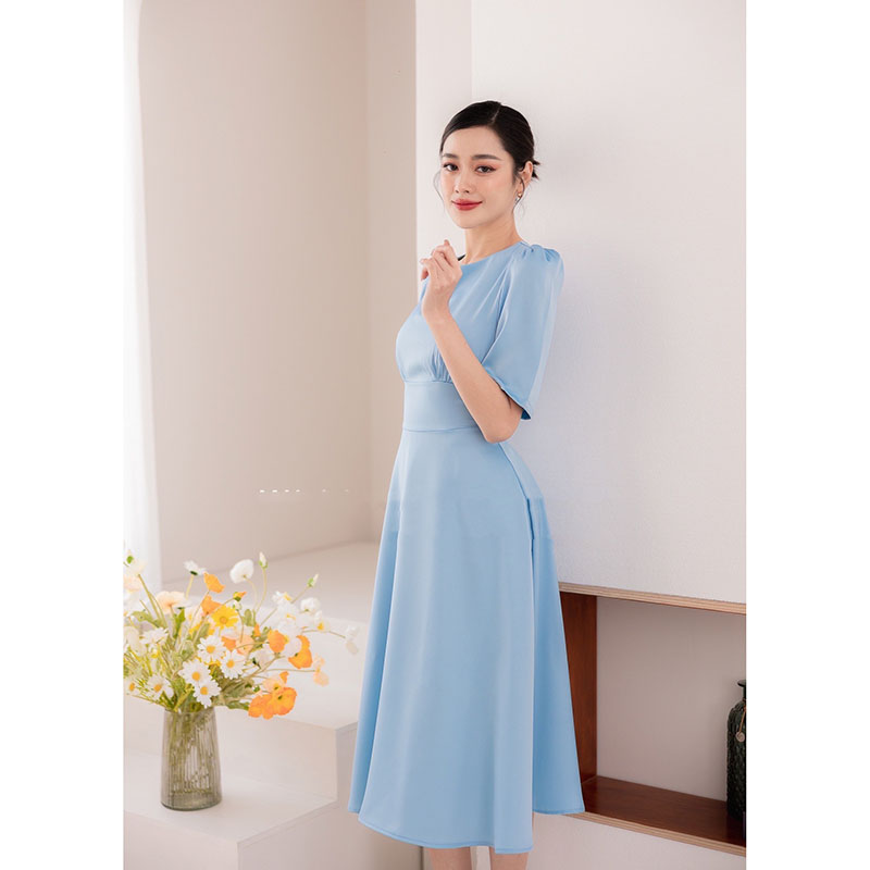 kudapy เดรสสั้นสีเขียว/สีน้ำตาล/สีฟ้า/สีชมพู กระโปรงบาน แขนสั้น ทรงรุ่นนี้ใส่แล้วสวยหวาน