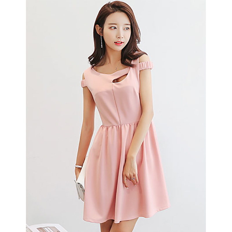 kudapy ชุดเดรสสั้นสีชมพู แฟชั่นแขนกุด แต่งสายคาดช่วงต้นแขนแบบยางยืดสวยหรูสไตล์เกาหลี