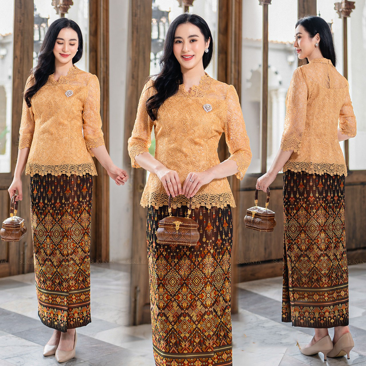 kudapy ชุดเซ็ทเสื้อ+ผ้าถุง เสื้อลูกไม้คอวี ปักกริสเตอร์วิ้งๆ แขนสี่ส่วนลูกไม้ทั้งตัว ตีเกร็ดเข้ารูปเล็กน้อย มีซับใน ซิปซ่อนหลังสวมใส่ง่าย