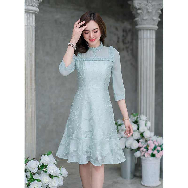 kudapy เดรสสั้นสีโอรส/สีเขียวพาสเทล ผ้าสไตล์ญี่ปุ่นมีเทคเจอร์ลายดอก จับจีบรอบคอ