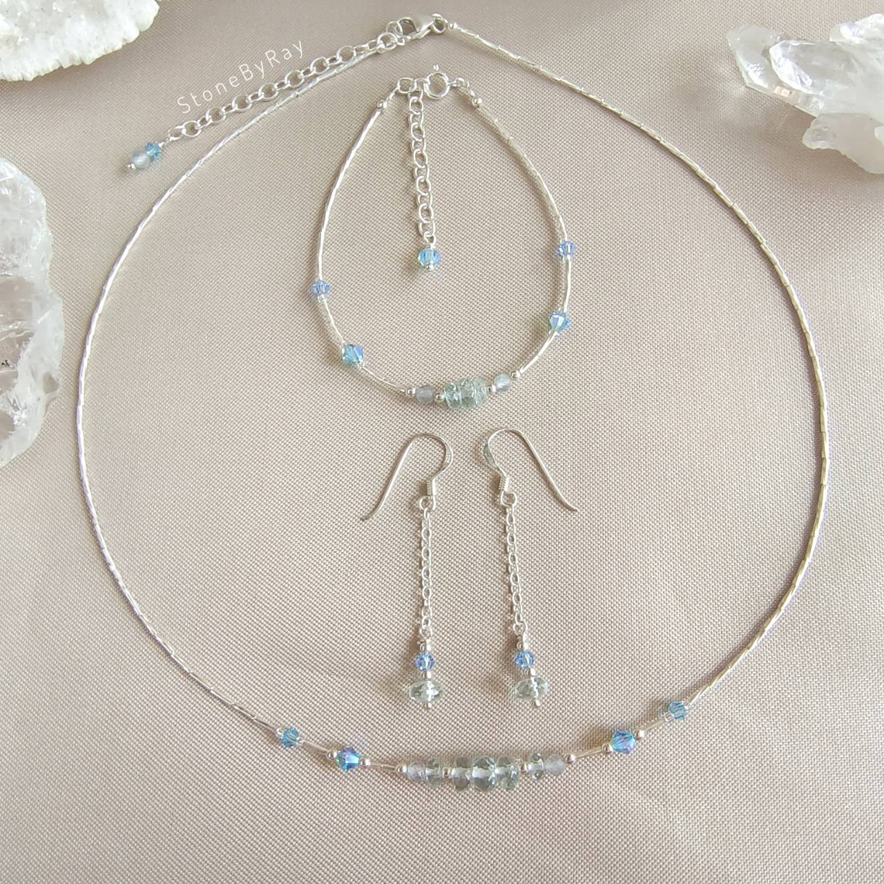 Setสร้อยคอเงินหินอความารีนเจียรเหลี่ยม Aquamarine