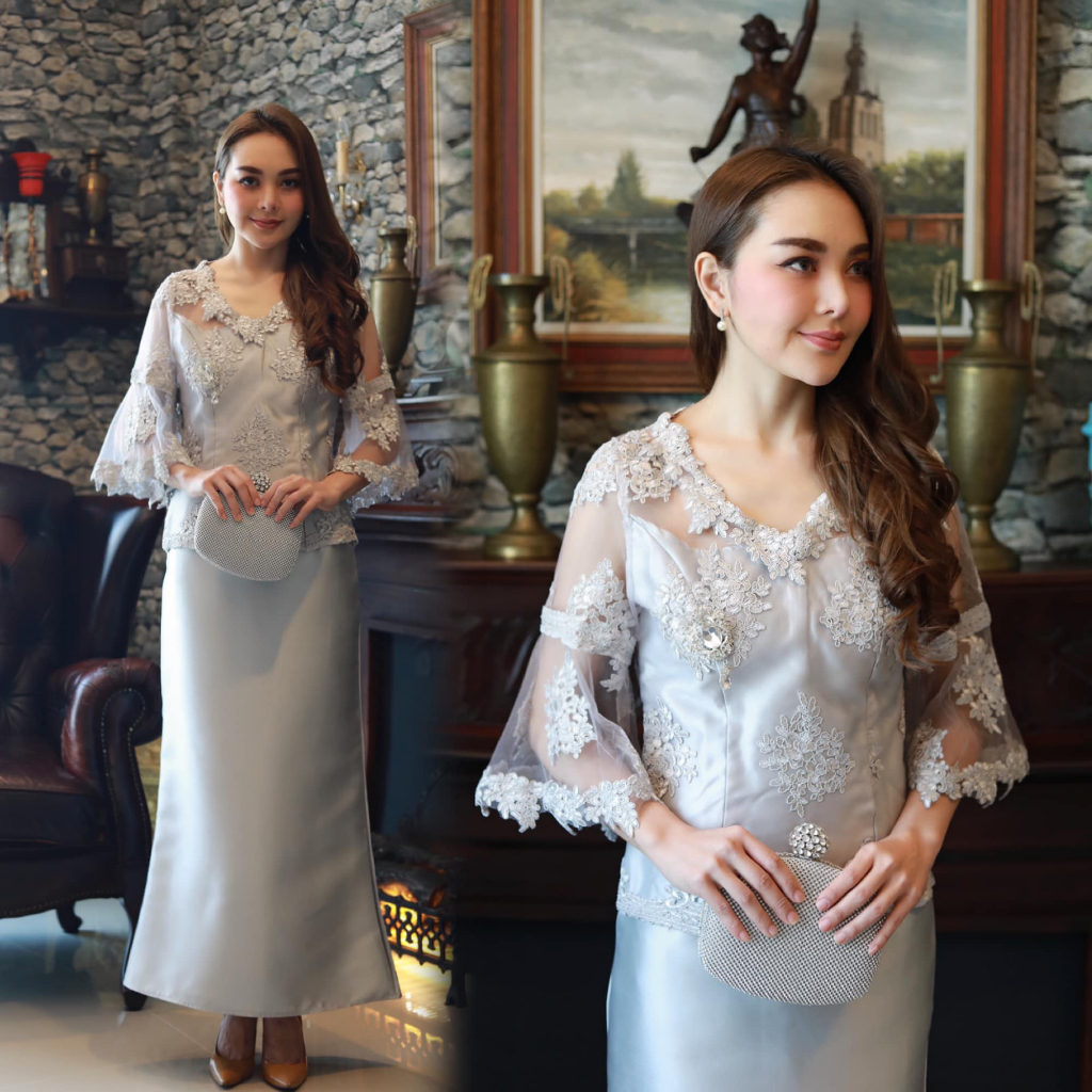 kudapy เซทเสื้อแขนระบาย+กระโปรงผ้าไหมอิตาลี ทรงหางปลา สวยมาก