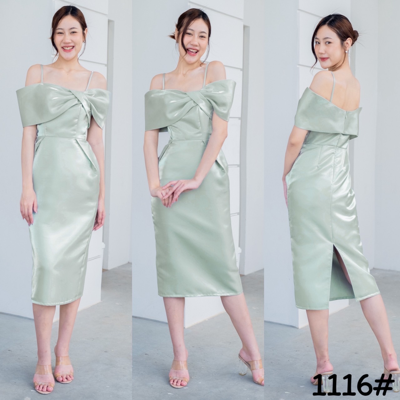 kudapy เดรสสายเดี่ยวเปิดบ่า แต่งจีบโบว์ข้าง กระโปรงสอบ ทรงดินสอ ผ่าหลังเดินสะดวก พรางแขน