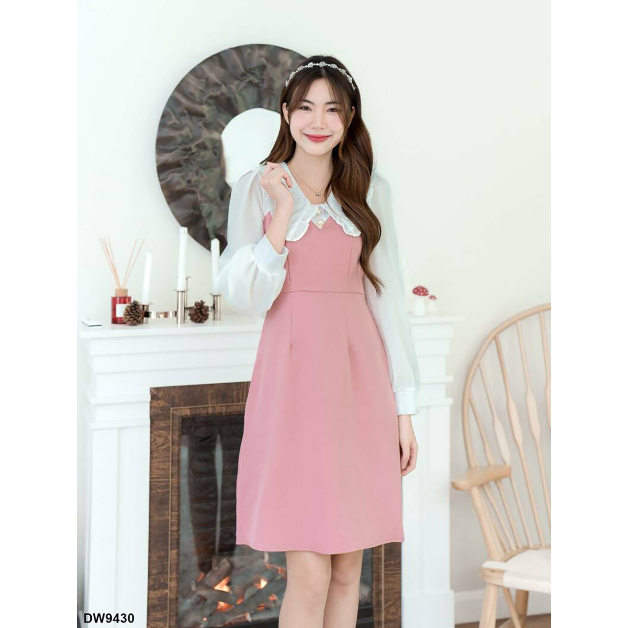 kudapy เดรสสั้นสีเขียว/สีชมพู/สีน้ำตาล ทรงบานคอปแต่งกระบายแขนยาว