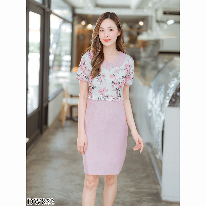 kudapy เดรสสั้นสีม่วง/สีชมพู/สีเหลือง คอปกมีกระตรงกลางอก