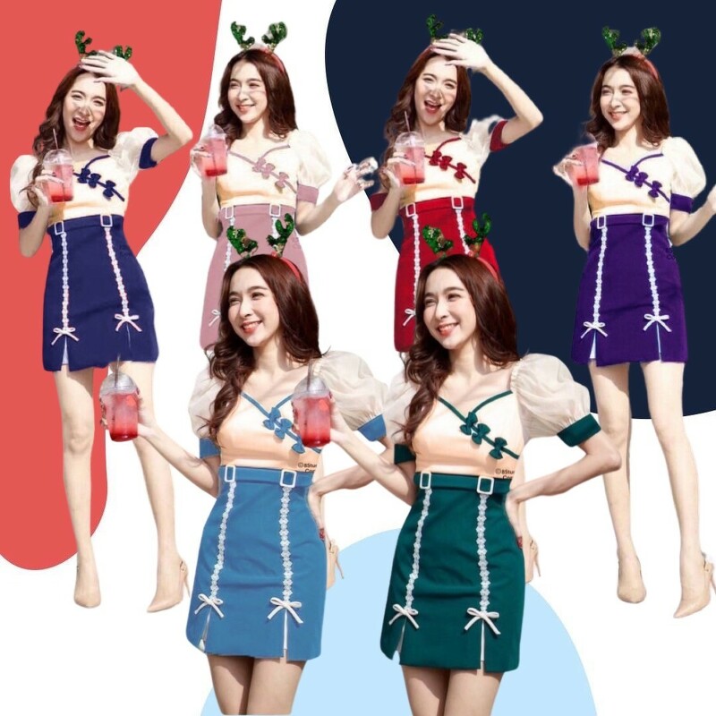 kudapy เดรสสั้น แขนพอง ผ้าแก้วซีทรู ทรงอกป้ายแต่งโบว์ เอวแต่งเข็มขัด กระโปรงแต่งลูกไม้ขาวยาว งานผ้าซาร่า มีซิปหลัง