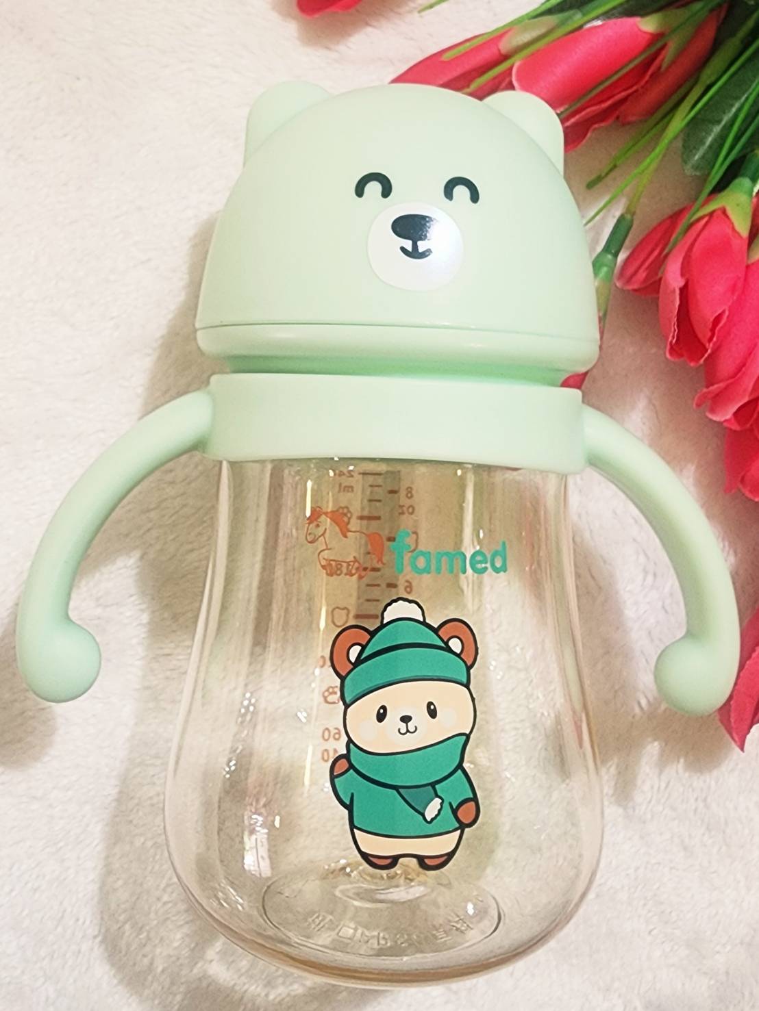 ขวดนมสีชา PPSU famed little bear คอกว้าง 8ออนซ์ พร้อมแขนจับ และจุกนม