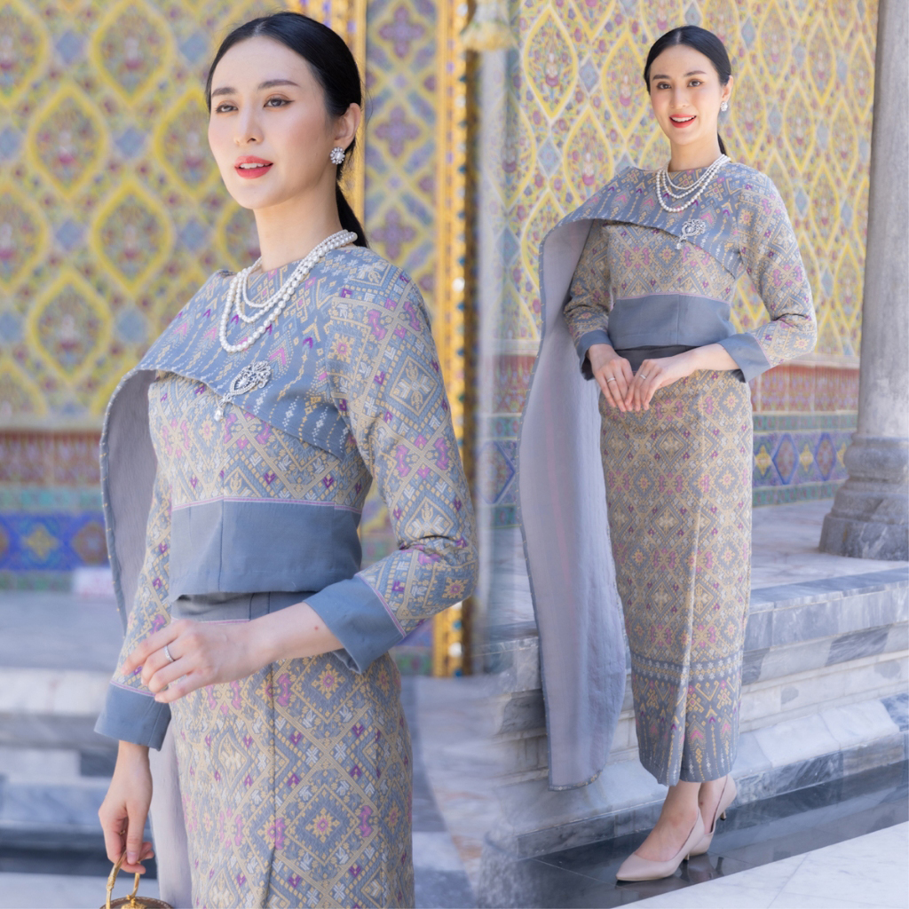 kudapy ชุดผ้าไหมทอลายสีแดง สีเทา ชุดออกงาน ไปวัด ทำบุญ - รุ่นละอองดาว แต่งสไบ