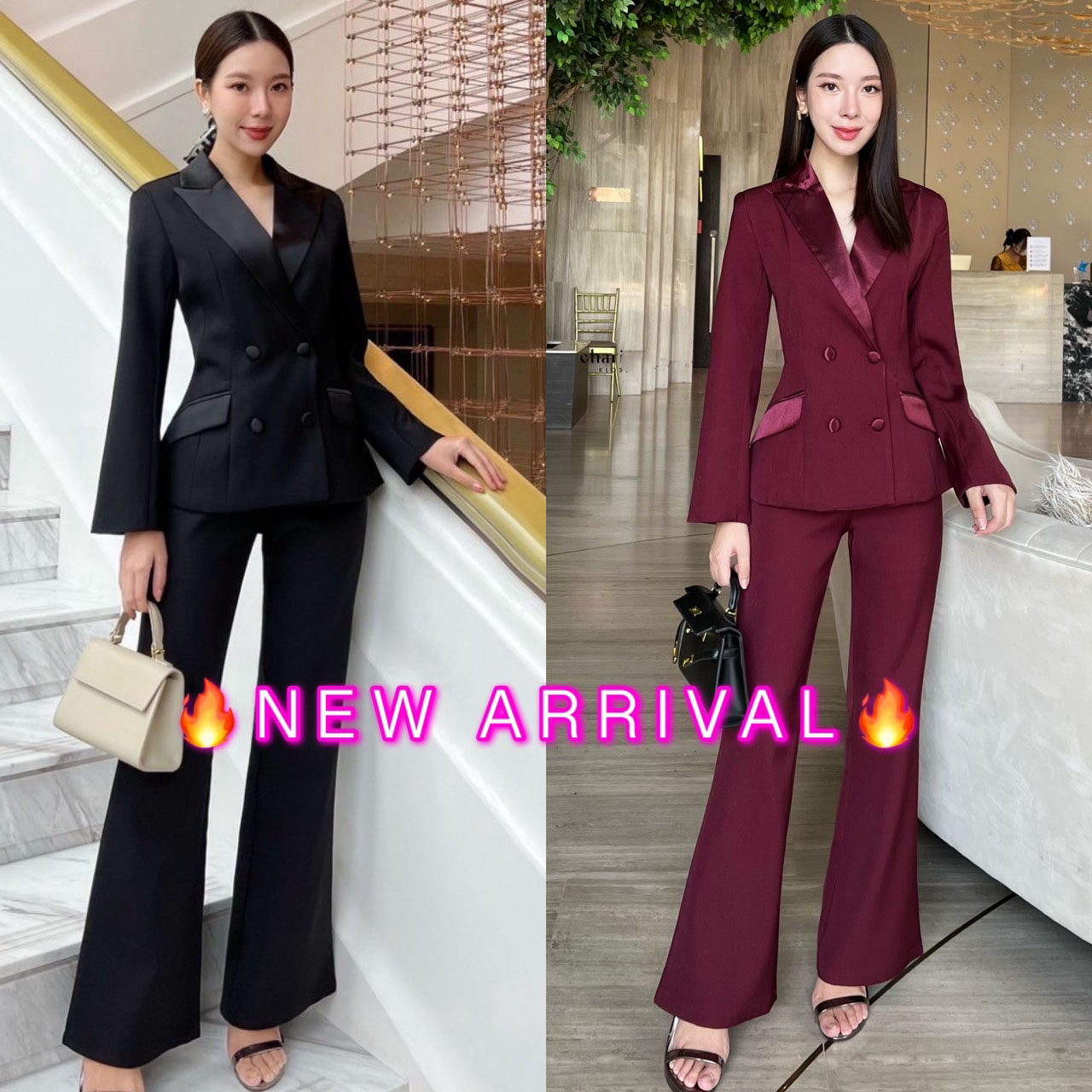 kudapy set เสื้อเบเซอร์และกางเกงขายาว เรียบหรู เสื้อสูทแต่งปกผ้าเงาให้ดูเด่น ออกแบบกระเป๋าให้ใช้งานได้จริง ตัวกระดุมใช้ผ้าเดียวกับปกเสื้อ