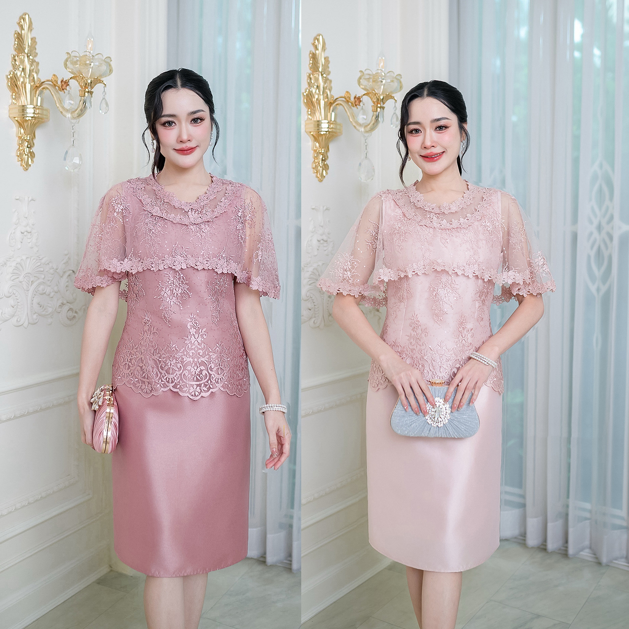 kudapy เดรสผ้าไหมดีไซน์คลุมไหล่ ปักลายราณีต คอกลมแต่ดอกไม้รอบคอ ลูกไม้ทอผสมเลื่อมชายเสื้อเป็นเชิงผ้าเล่นลายสวย ตัวกระโปรงเป็นงานผ้าไหมเนื้อเบา