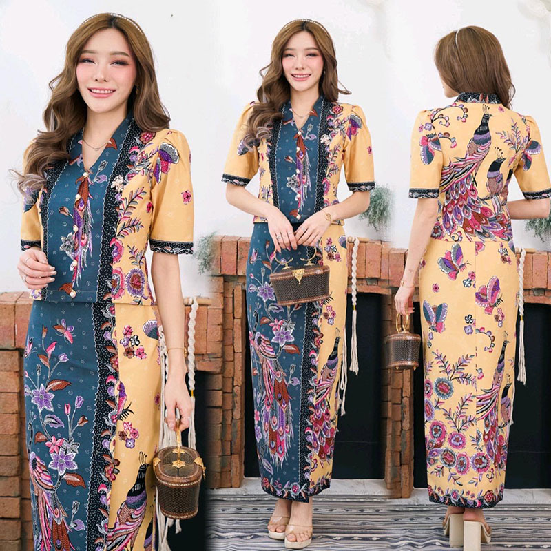 kudapy ชุดเซทสีเหลือง/สีชมพู ผ้าคอตตอนพิมพ์ลายปาเต๊ะนกยูง สีสดใส ลายสวย ผ้าไม่บางใส ไม่เห็นชั้นใน สีไม่ตก ผ้าไม่ยืดไม่หด