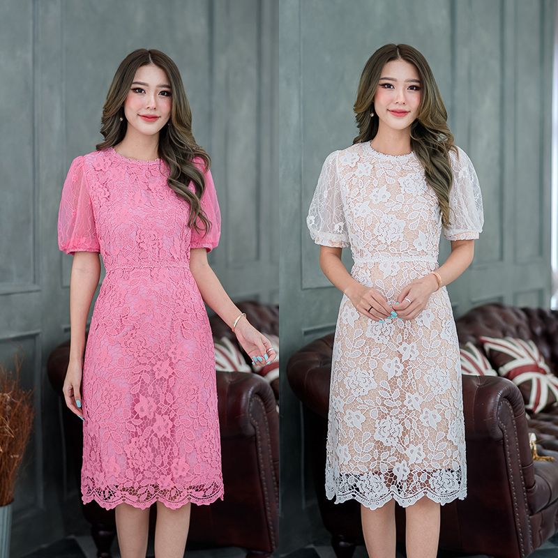 kudapy เดรสสั้นสีขาวซับครีม/สีชมพูสด ลูกไม้ถัก งานผ้าลูกไม้คัดเกรดผ้รุ่นนี้ทอลายแน่น ลายดอกชัดเราใช้ผ้าคัดเกรดสวยมาก