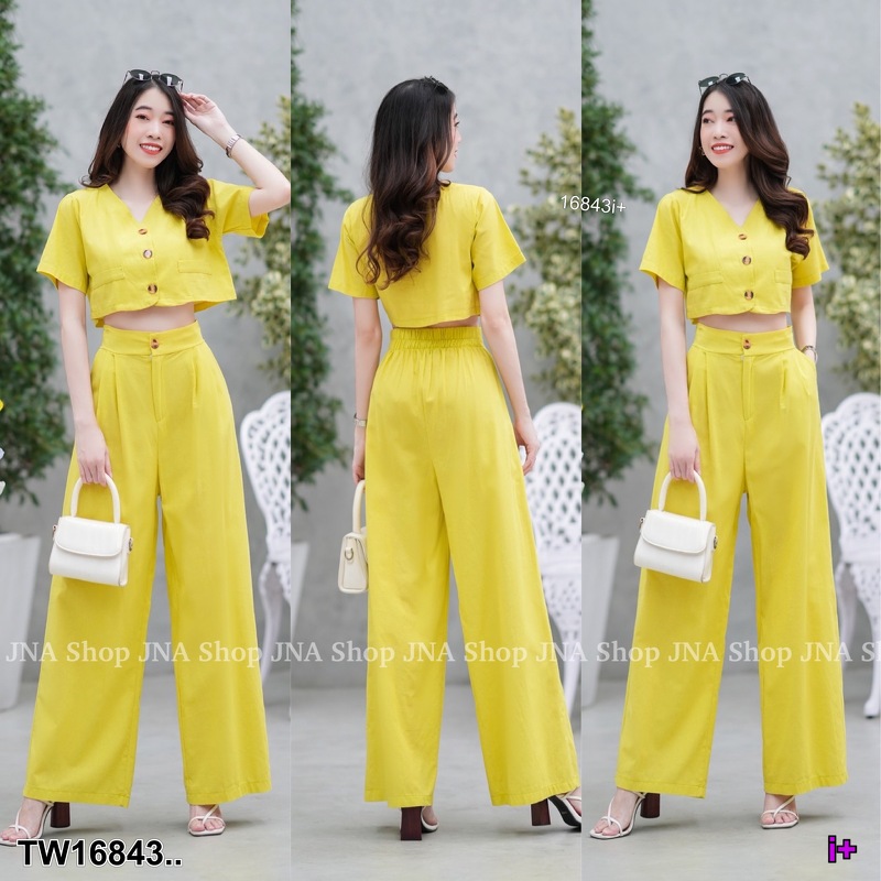 kudapy Set 2ชิ้น ใส่หน้าร้อน ใส่ไปทะเล เสื้อครอปคอวี แต่งกระดุม +กางเกงขายาวกระดุม