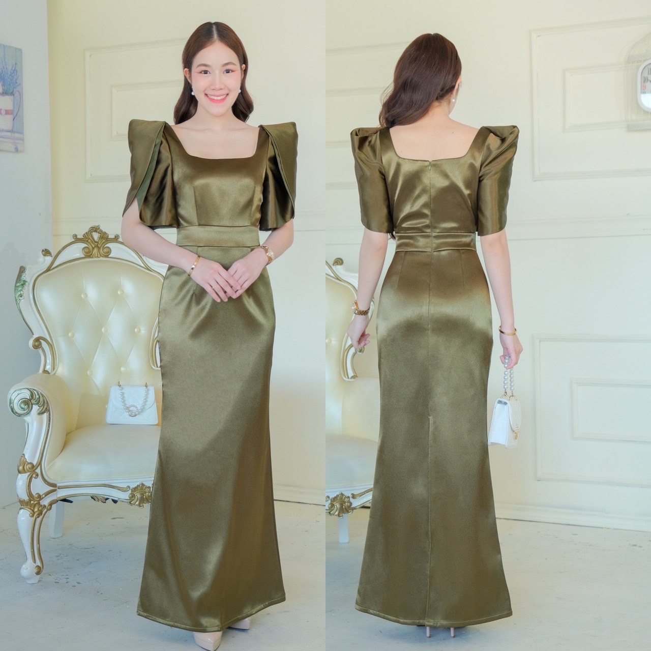 kudapy kudapy เดรสราตรียาว แขนสั้น ดีเทลแขนกลีบดอกไม้สองชั้น คอเหลี่ยม กระโปรงหางปลา ซิปหลังใส่ง่าย