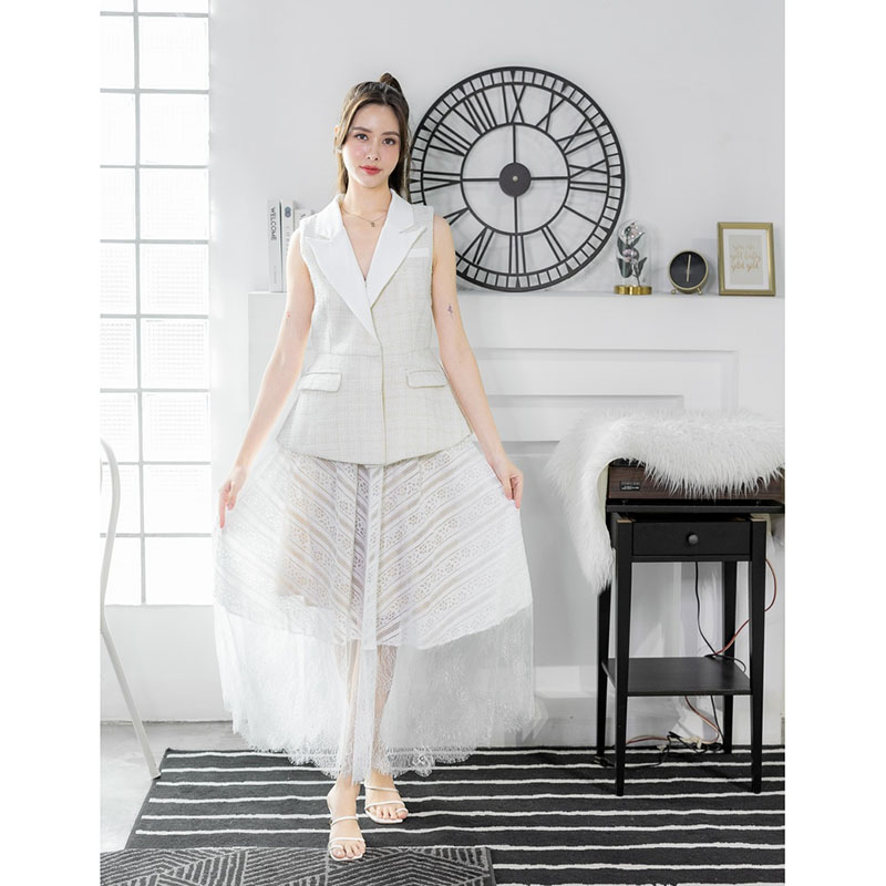 kudapy เซตเสื้อทรงสูทสีชมพู/สีขาว/สีดำ แขนกุด+กระโปรงยาวตาข่าย แต่งผ้าระบาย