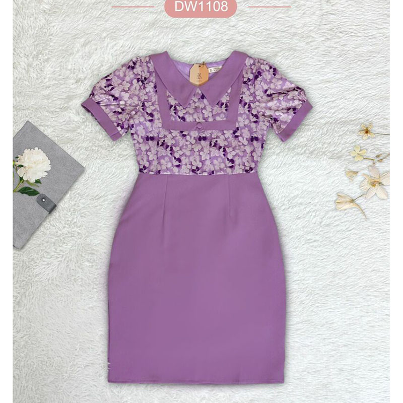 kudapy เดรสสั้นสีชมพู/สีกรม/สีม่วง กระโปรงสีพื้นคอปกเสื้อลายดอกแต่งกระดุม 3 ชิ้น
