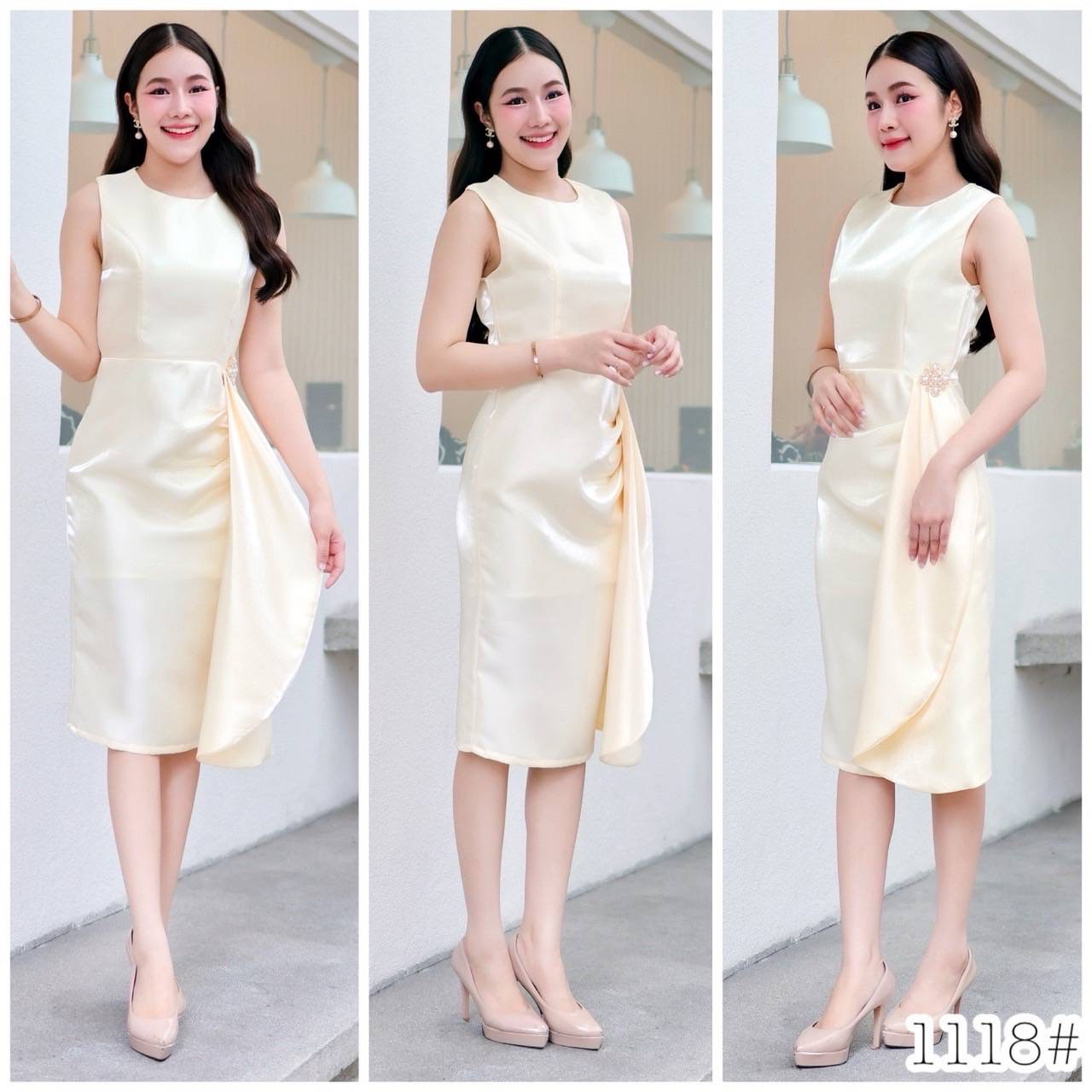 kudapy เดรสแขนกุด คอกลม แต่งเข็มกลัดเพชร มุก ถอดได้ กระโปรงสอบ ทรงดินสอ ผ่าหลังเดินสะดวก