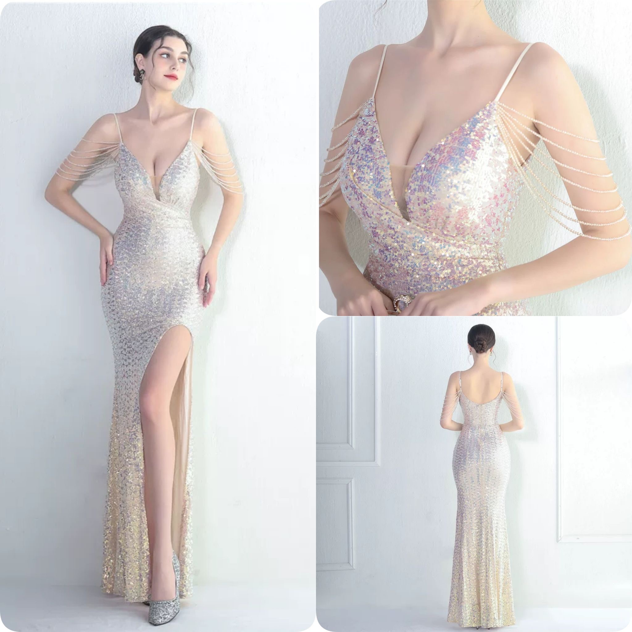 kudapy ชุดราตรียาวสายเดี่ยวปักเพชรสีทองโรสโกลด์,สีเขียว,สีแดงเบอร์กันดี้ ผ่าหน้า ผ้ากริสเตอร์ ยืดตามตัว