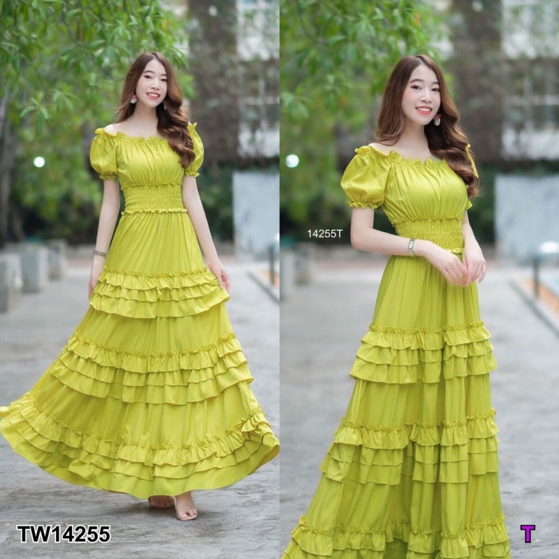 kudapy เดรสยาวสี ขาว ชมพู เหลือง แดง โอรส เปิดไหล่ แขนตุ๊กตา เอวสม็อกรอบ แต่งระบายชั้นๆ ทรงสวยบางระบายเข้ารูป