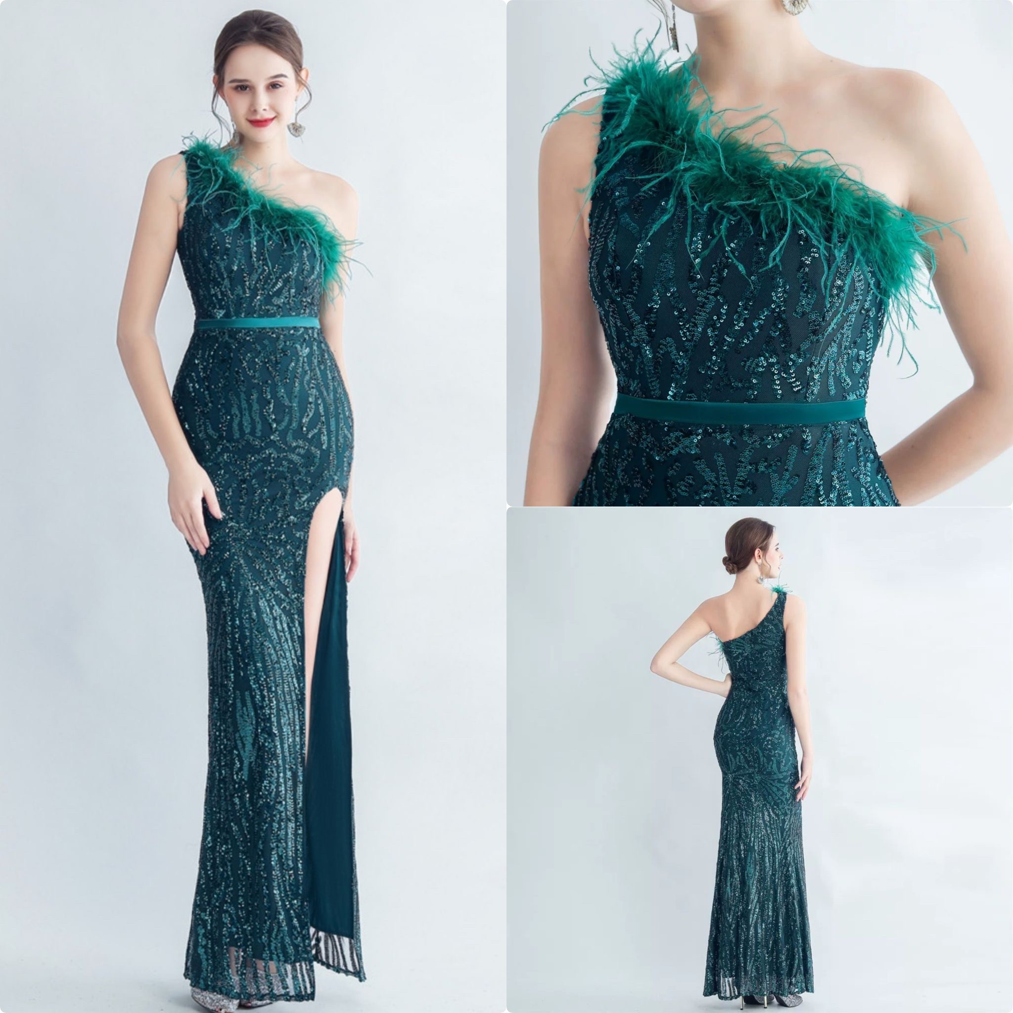 kudapy ชุดราตรียาวไหล่เดี่ยวสีชมพู,สีครีมเงิน,สีเขียวเข้ม,สีฟ้า,สีดำ เฉียงข้างผ่าหน้า ผ้ากริสเตอร์ ยืดตามตัว